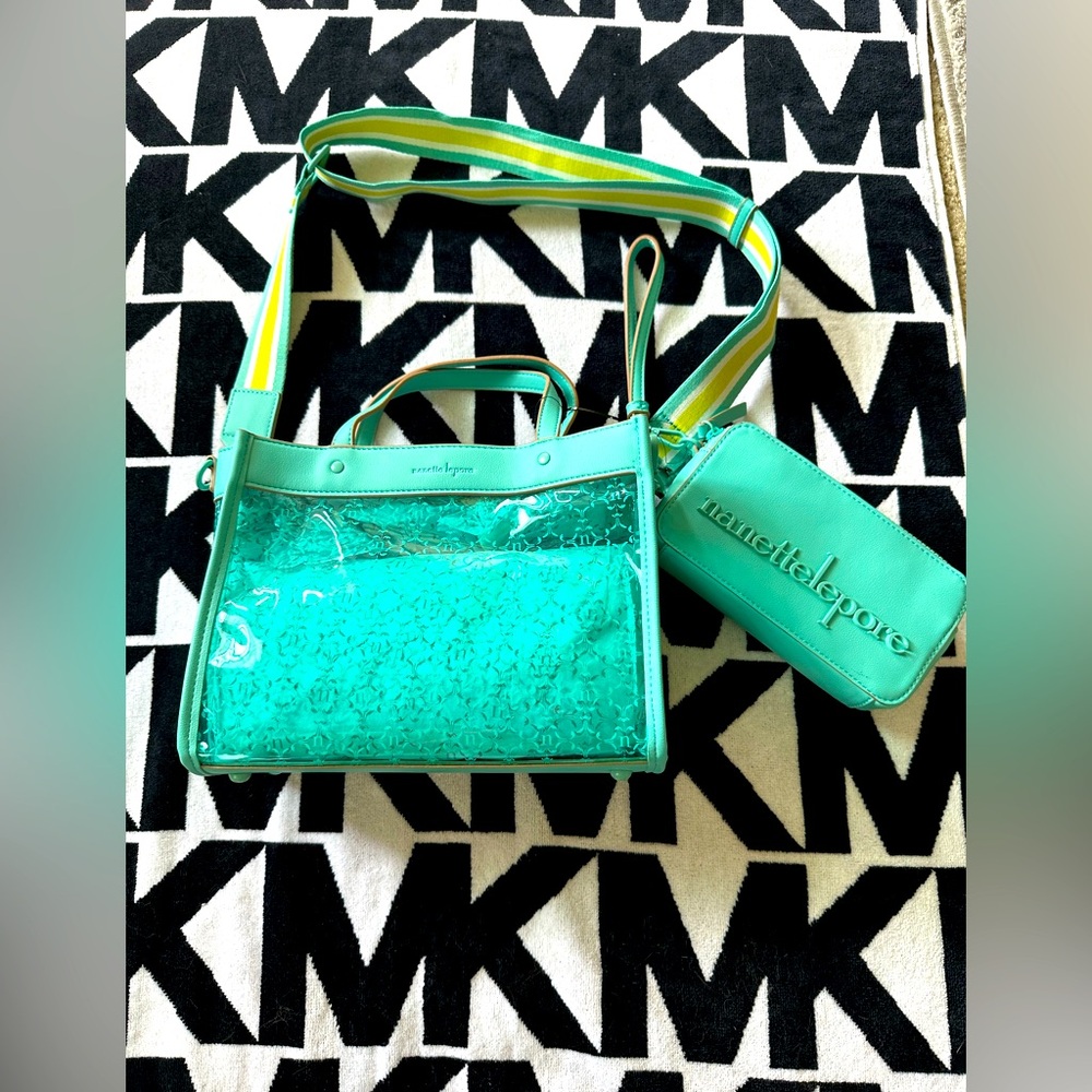 Nanette Lepore Aqua Transparent Tote with Striped Strap☀️